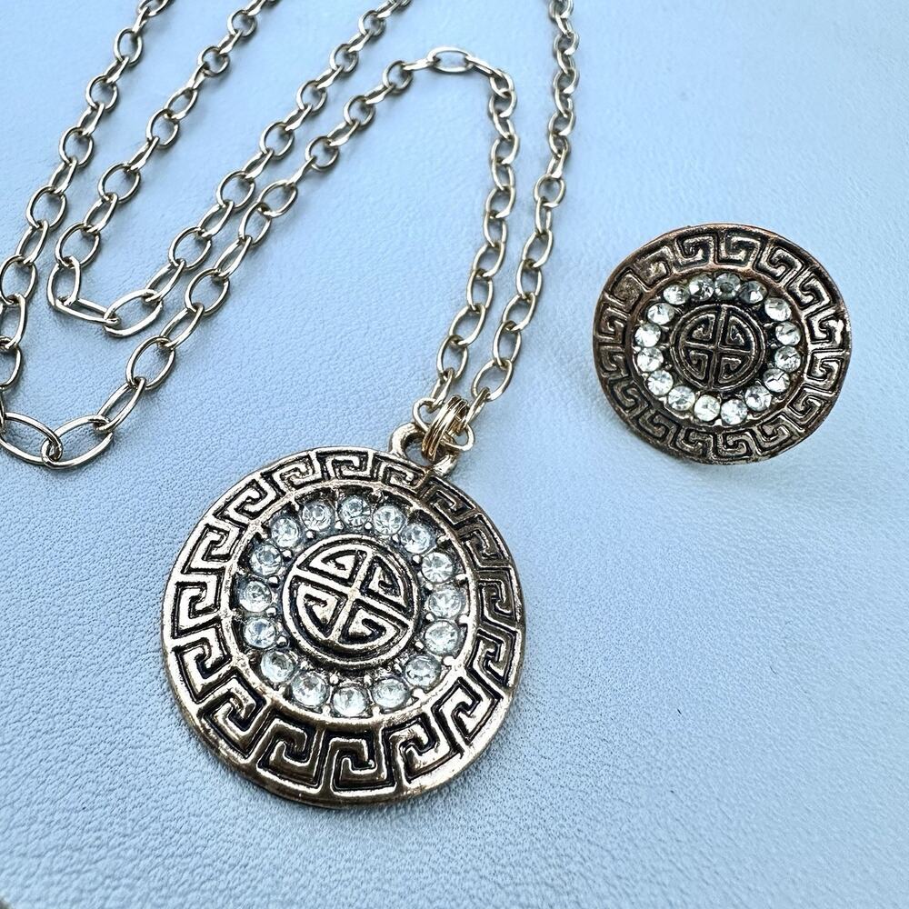 Greek Key Gold Tone Rhinestone Necklace & Adjustable Ring Set Paperclip Chain
